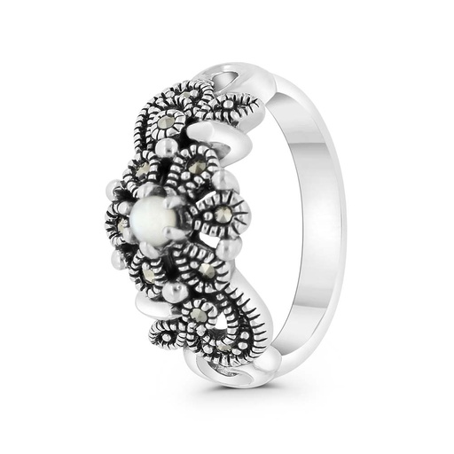 Sterling Silver 925 Ring Embedded With Natural White Shell And Marcasite Stones