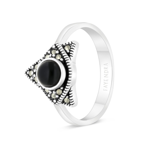 Sterling Silver 925 Ring Embedded With Natural Black Agate And Marcasite Stones