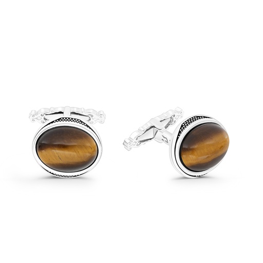 [CFL30TGE00000A189] Sterling Silver 925 Cufflink Rhodium And Black Plated Embedded With Yellow Tiger Eye