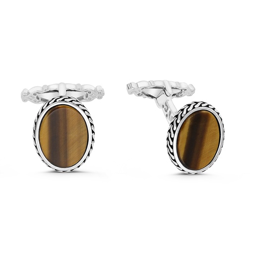 [CFL30TGE00000A194] Sterling Silver 925 Cufflink Rhodium And Black Plated Embedded With Yellow Tiger Eye