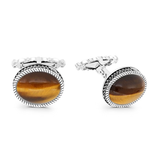 [CFL30TGE00000A200] Sterling Silver 925 Cufflink Rhodium And Black Plated Embedded With Yellow Tiger Eye