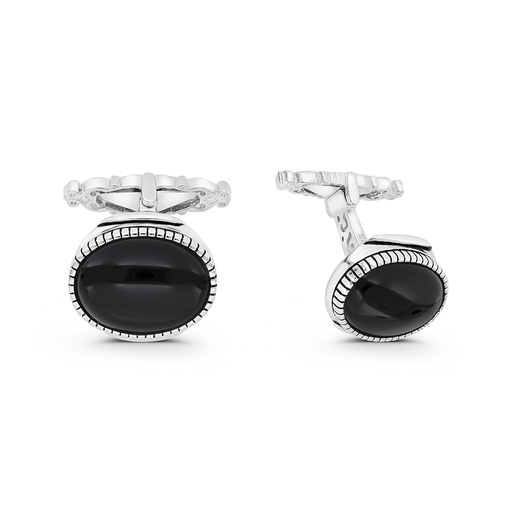 [CFL30ONX00000A201] Sterling Silver 925 Cufflink Rhodium And Black Plated Embedded With Black Agate