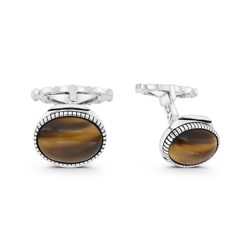 [CFL30TGE00000A201] Sterling Silver 925 Cufflink Rhodium And Black Plated Embedded With Yellow Tiger Eye