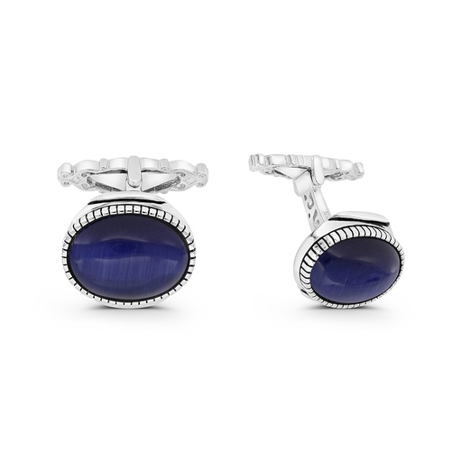 [CFL30TGU00000A201] Sterling Silver 925 Cufflink Rhodium And Black Plated Embedded With Blue Tiger Eye