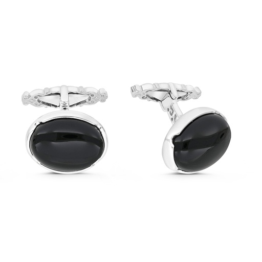 [CFL01ONX00000A203] Sterling Silver 925 Cufflink Rhodium And Black Plated Embedded With Black Agate