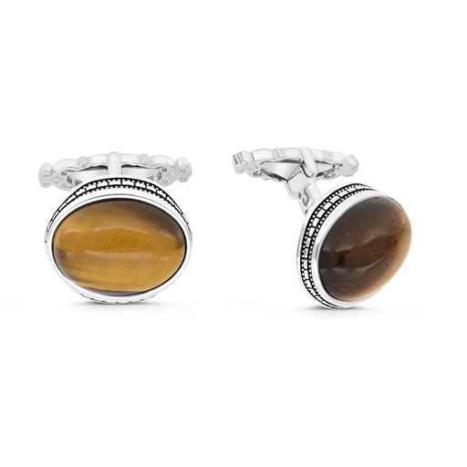 [CFL30TGE00000A204] Sterling Silver 925 Cufflink Rhodium And Black Plated Embedded With Yellow Tiger Eye
