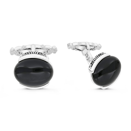 [CFL30ONX00000A205] Sterling Silver 925 Cufflink Rhodium And Black Plated Embedded With Black Agate