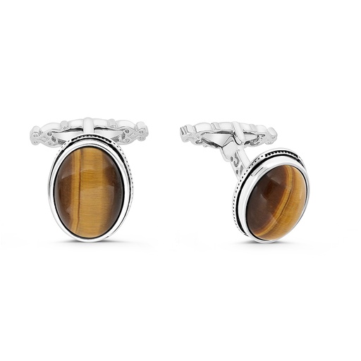 [CFL30TGE00000A206] Sterling Silver 925 Cufflink Rhodium And Black Plated Embedded With Yellow Tiger Eye