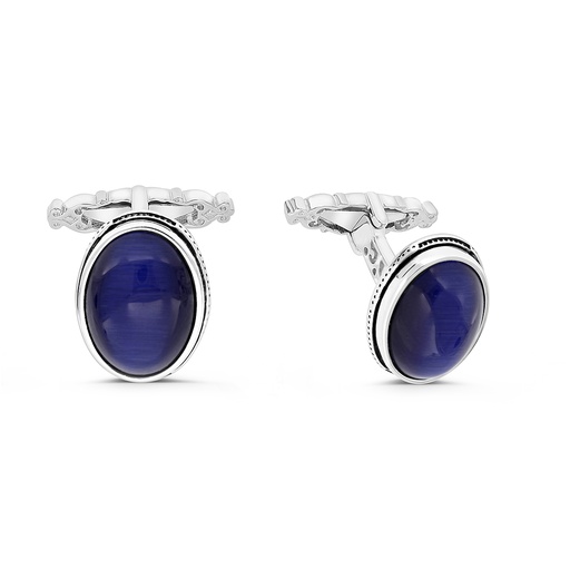 [CFL30TGU00000A206] Sterling Silver 925 Cufflink Rhodium And Black Plated Embedded With Blue Tiger Eye