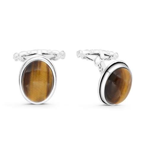 [CFL30TGE00000A208] Sterling Silver 925 Cufflink Rhodium And Black Plated Embedded With Yellow Tiger Eye