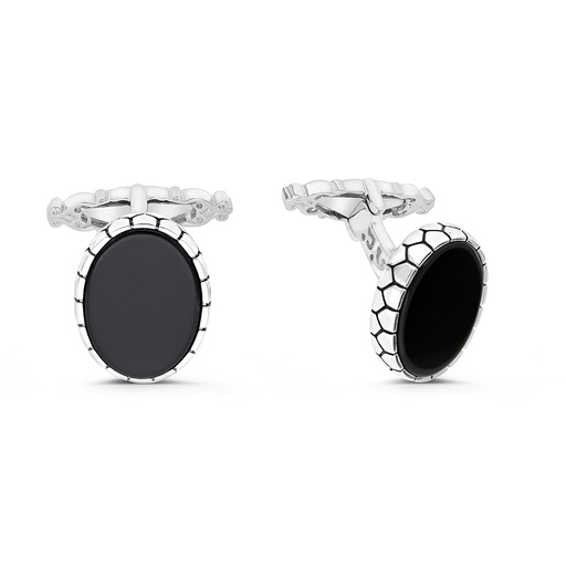 [CFL30ONX00000A211] Sterling Silver 925 Cufflink Rhodium And Black Plated Embedded With Black Agate