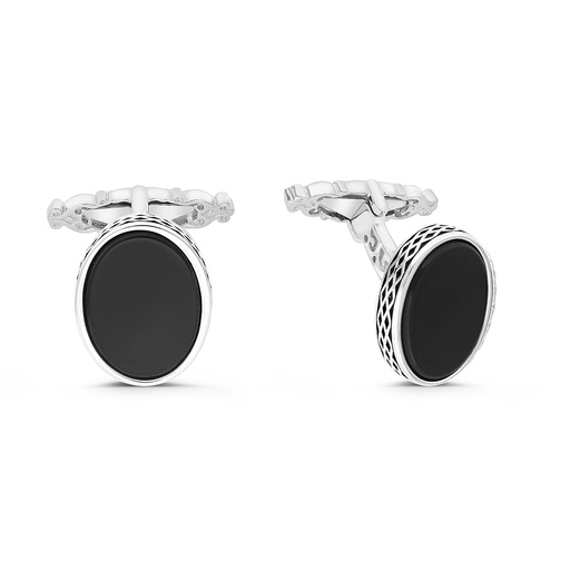 [CFL30ONX00000A213] Sterling Silver 925 Cufflink Rhodium And Black Plated Embedded With Black Agate