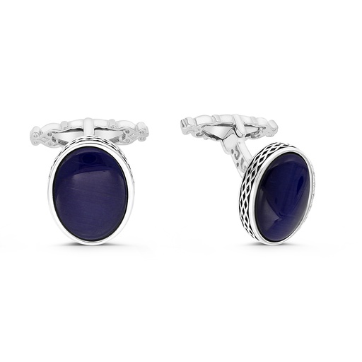 [CFL30TGU00000A213] Sterling Silver 925 Cufflink Rhodium And Black Plated Embedded With Blue Tiger Eye