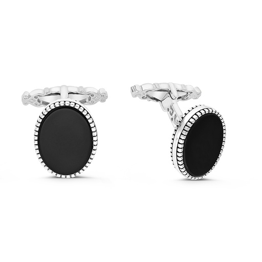 [CFL30ONX00000A216] Sterling Silver 925 Cufflink Rhodium And Black Plated Embedded With Black Agate