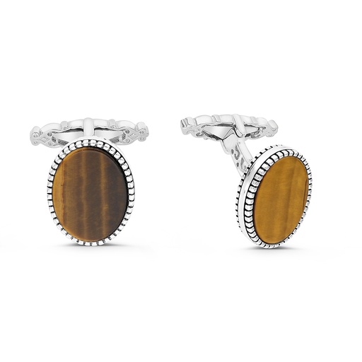 [CFL30TGE00000A216] Sterling Silver 925 Cufflink Rhodium And Black Plated Embedded With Yellow Tiger Eye