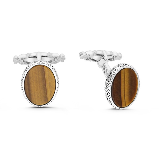 [CFL30TGE00000A217] Sterling Silver 925 Cufflink Rhodium And Black Plated Embedded With Yellow Tiger Eye