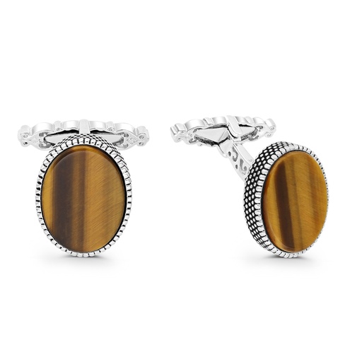 [CFL30TGE00000A218] Sterling Silver 925 Cufflink Rhodium And Black Plated Embedded With Yellow Tiger Eye