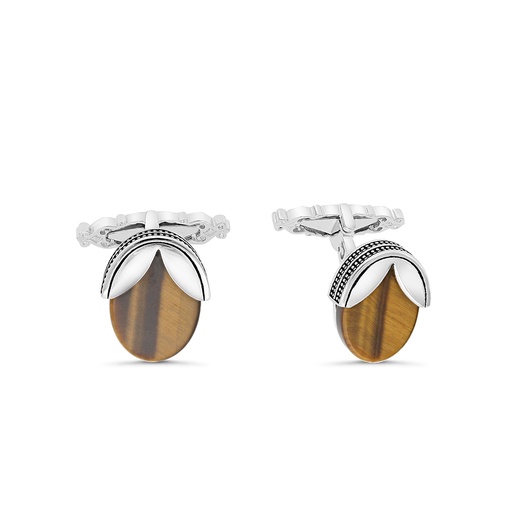 [CFL30TGE00000A221] Sterling Silver 925 Cufflink Rhodium And Black Plated Embedded With Yellow Tiger Eye