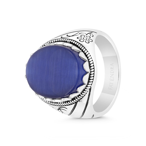 Sterling Silver 925 Ring Rhodium And Black Plated Embedded With Blue Tiger Eye For Men 