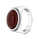 Sterling Silver 925 Ring Rhodium And Black Plated Embedded With Red Natural Aqiq For Men And White CZ