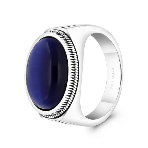 Sterling Silver 925 Ring Rhodium And Black Plated Embedded With Blue Tiger Eye For Men And White CZ