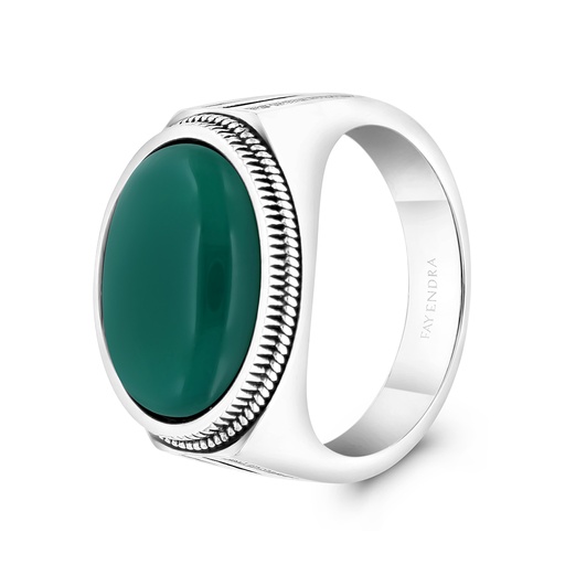 Sterling Silver 925 Ring Rhodium And Black Plated Embedded With Green Agate For Men And White CZ