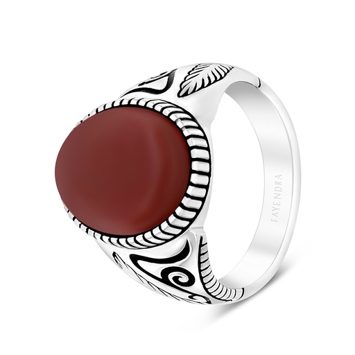 Sterling Silver 925 Ring Rhodium And Black Plated Embedded With Red Natural Aqiq For Men