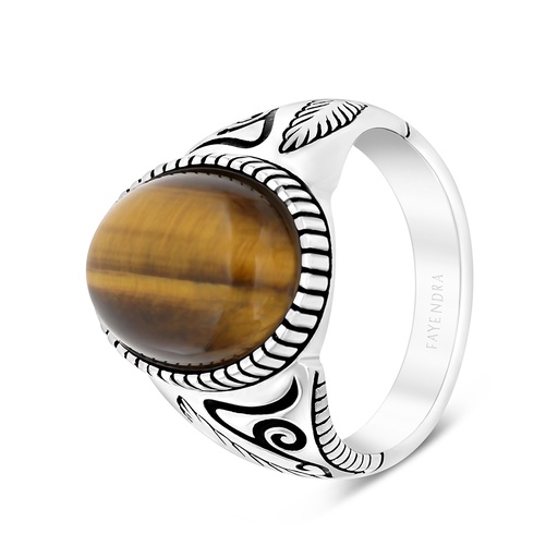 Sterling Silver 925 Ring Rhodium And Black Plated Embedded With Yellow Tiger Eye For Men