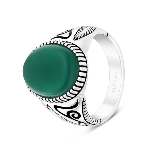 Sterling Silver 925 Ring Rhodium And Black Plated Embedded With Green Agate For Men