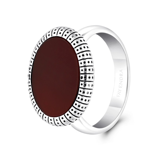 Sterling Silver 925 Ring Rhodium And Black Plated Embedded With Red Natural Aqiq For Men