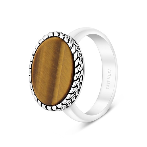 Sterling Silver 925 Ring Rhodium And Black Plated Embedded With Yellow Tiger Eye For Men