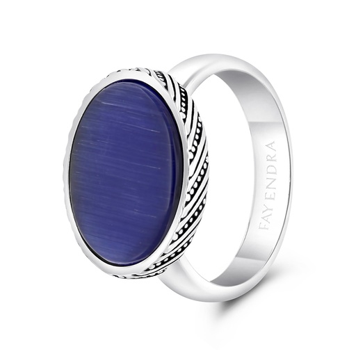 Sterling Silver 925 Ring Rhodium And Black Plated Embedded With Blue Tiger Eye For Men