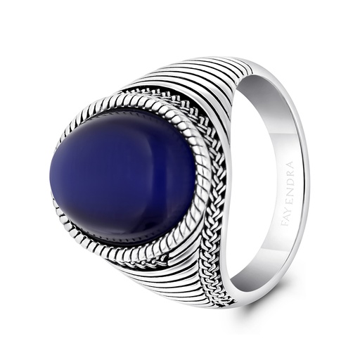 Sterling Silver 925 Ring Rhodium And Black Plated Embedded With Blue Tiger Eye For Men