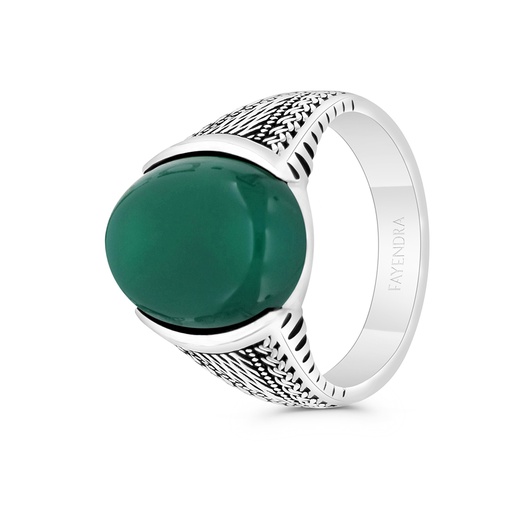 Sterling Silver 925 Ring Rhodium And Black Plated Embedded With Green Agate For Men