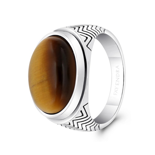 Sterling Silver 925 Ring Rhodium And Black Plated Embedded With Yellow Tiger Eye For Men