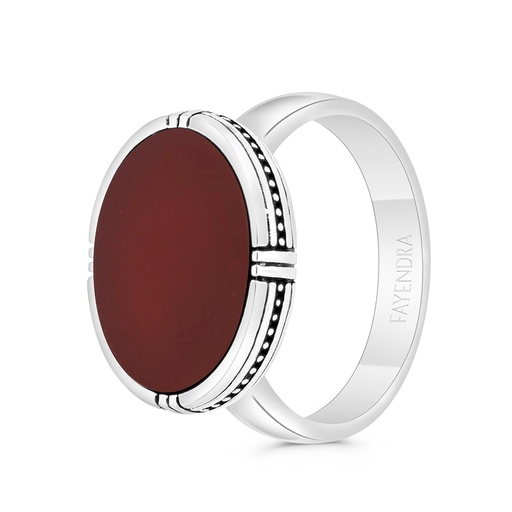 Sterling Silver 925 Ring Rhodium And Black Plated Embedded With Red Natural Aqiq For Men