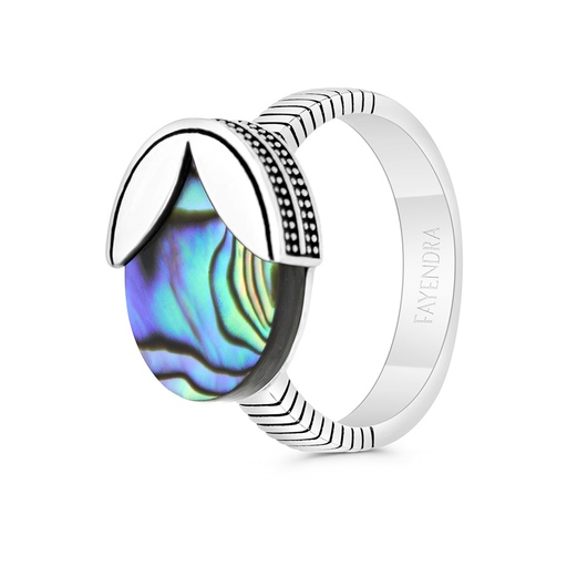 Sterling Silver 925 Ring Rhodium And Black Plated Embedded With Blue shell For Men  Flat Stone