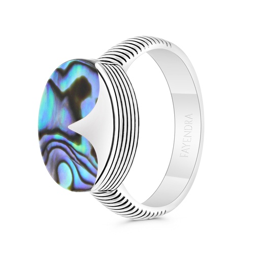 Sterling Silver 925 Ring Rhodium And Black Plated Embedded With Blue shell For Men  Flat Stone