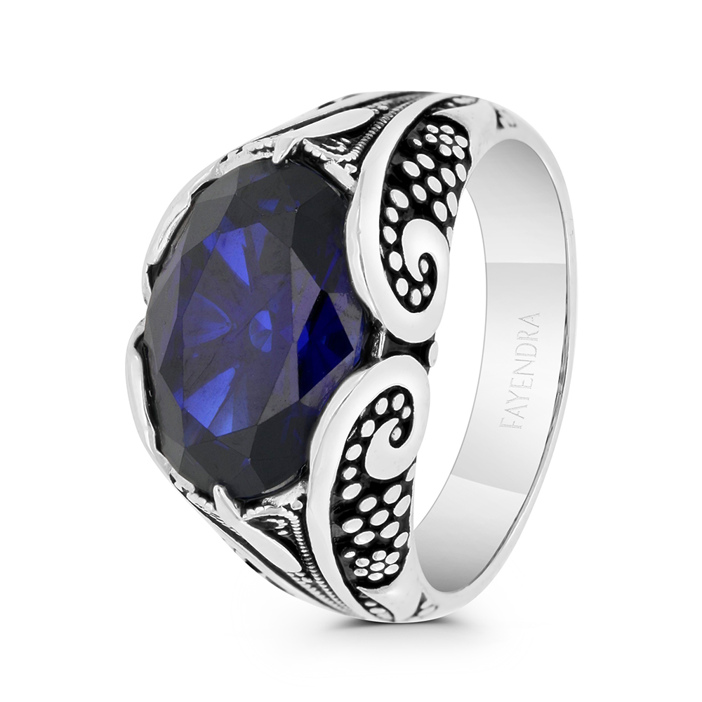 Sterling Silver 925 Ring Rhodium And Black Plated Embedded With Sapphire  Corundum For Men