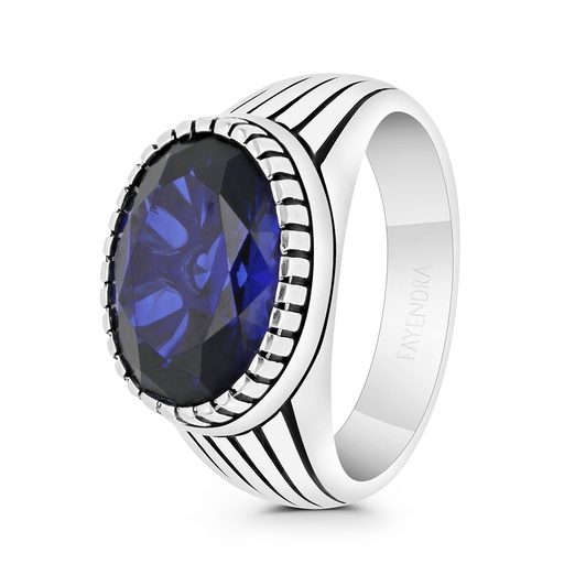 Sterling Silver 925 Ring Rhodium And Black Plated Embedded With Sapphire Corundum For Men