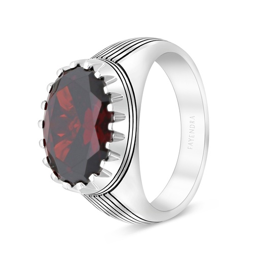 Sterling Silver 925 Ring Rhodium And Black Plated Embedded With Garnet CZ For Men