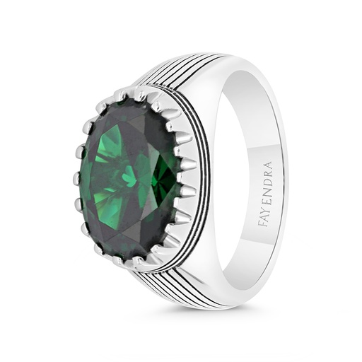 Sterling Silver 925 Ring Rhodium And Black Plated Embedded With Emerald Zircon For Men