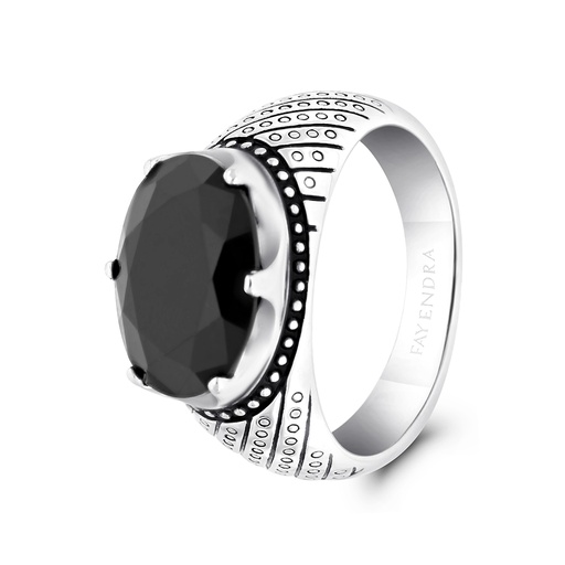 Sterling Silver 925 Ring Rhodium And Black Plated Embedded With Black CZ For Men