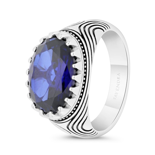 Sterling Silver 925 Ring Rhodium And Black Plated Embedded With Sapphire Corundum For Men
