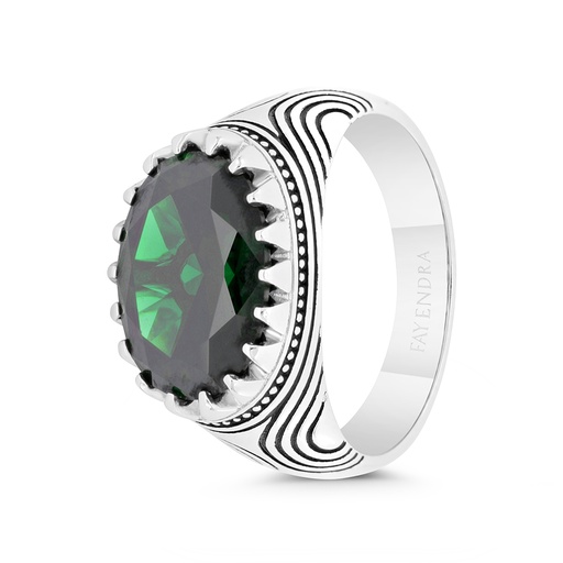 Sterling Silver 925 Ring Rhodium And Black Plated Embedded With Emerald Zircon For Men