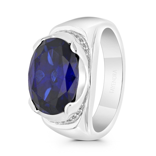 Sterling Silver 925 Ring Rhodium Plated Embedded With Sapphire Corundum And White CZ For Men