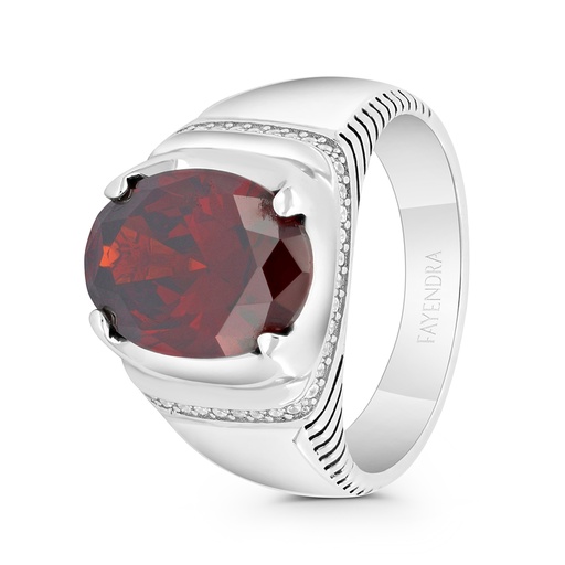 Sterling Silver 925 Ring Rhodium  And Black Plated Embedded With Garnet Zircon For Men And White CZ