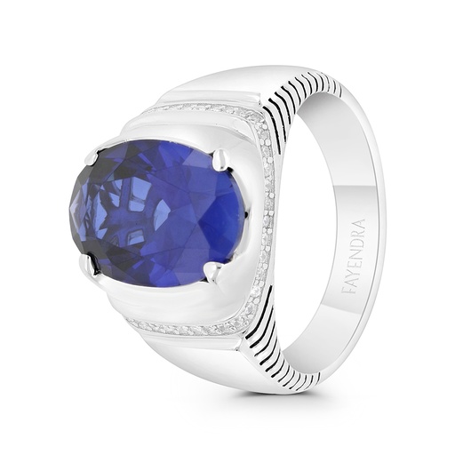 Sterling Silver 925 Ring Rhodium And Black Plated Embedded With Sapphire Corundum And White CZ For Men