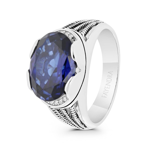 Sterling Silver 925 Ring Rhodium And Black Plated Embedded With Sapphire Corundum And White CZ For Men