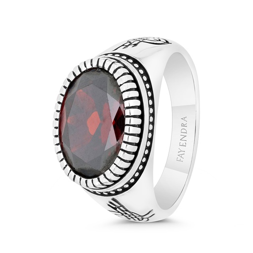 Sterling Silver 925 Ring Rhodium And Black Plated Embedded With Garnet Zircon For Men 